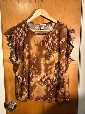 Double Take Brown Printed Ruffle-Sleeve Blouse
